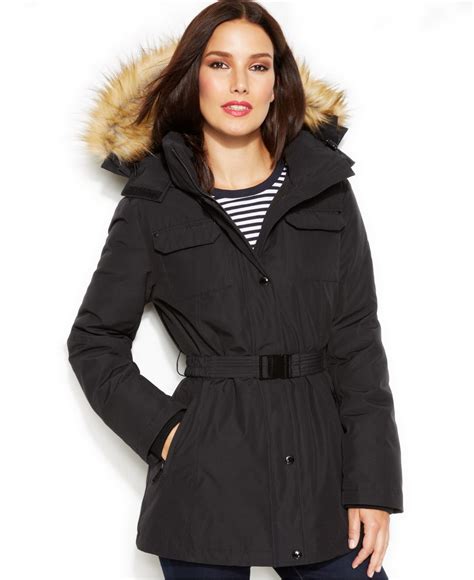 michael michael kors faux fur trim belted down puffer coat|michael kors hooded faux fur trim quilted belted puffer .